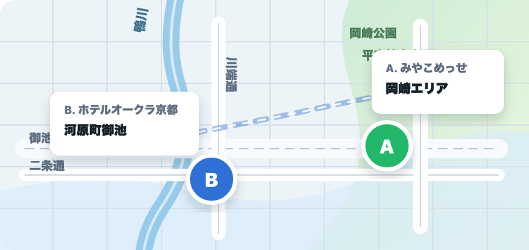 ホテルオークラ京都は河原町御池側、みやこめっせは岡崎側にある集合場所マップ